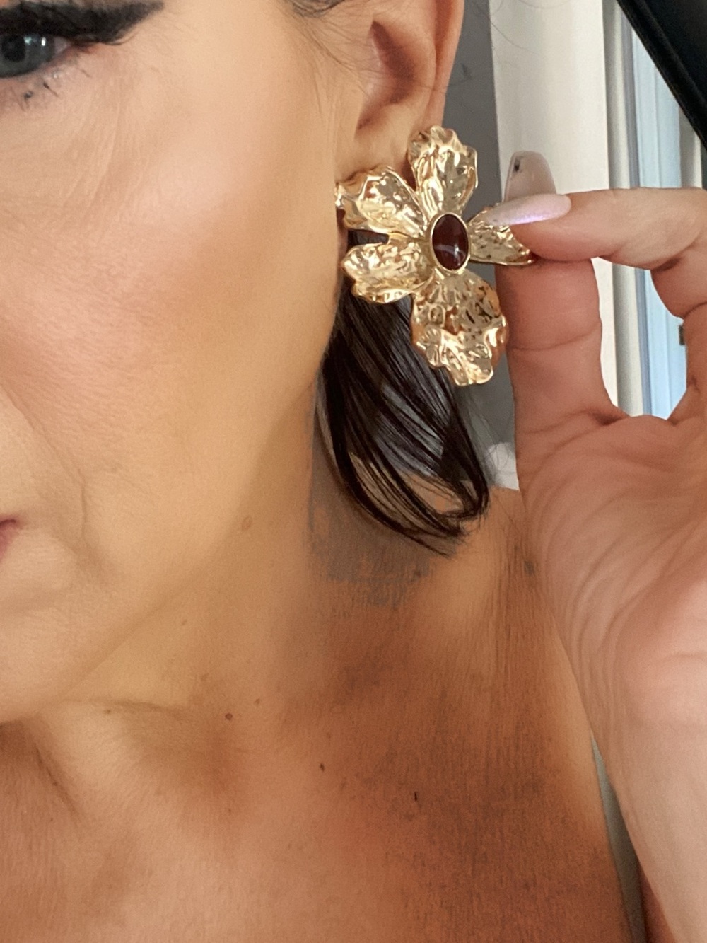 Brand new large gold and brown floral earrings